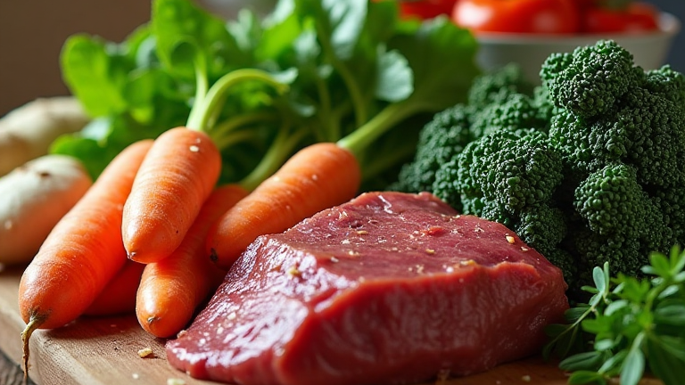 A colorful assortment of Vitamin A-rich foods including sweet potatoes, carrots, kale, spinach, and liver, arranged in a rustic wooden setting