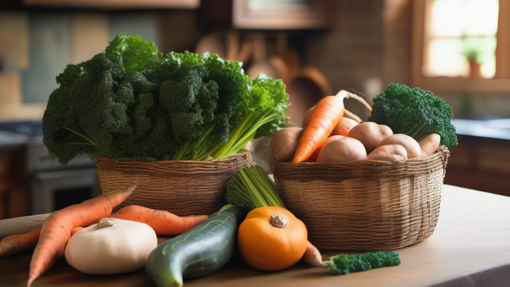 Fresh vegetables rich in Vitamin A, such as sweet potatoes, carrots, kale, and butternut squash, displayed in a woven basket with a rustic kitchen background