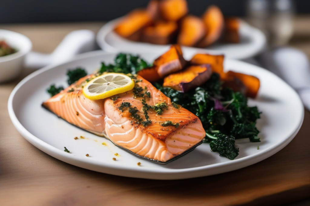 A wholesome dinner featuring baked salmon and sautéed kale, a Vitamin A-rich dinner recipe served with roasted sweet potatoes on the side.