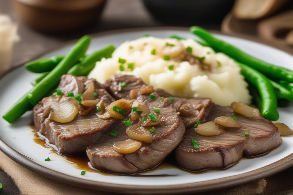 Liver slices with caramelized onions, served with mashed potatoes and green beans on a rustic plate.