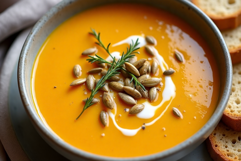 A creamy and comforting bowl of butternut squash soup, a popular Vitamin A-rich dinner recipe topped with pumpkin seeds and thyme.