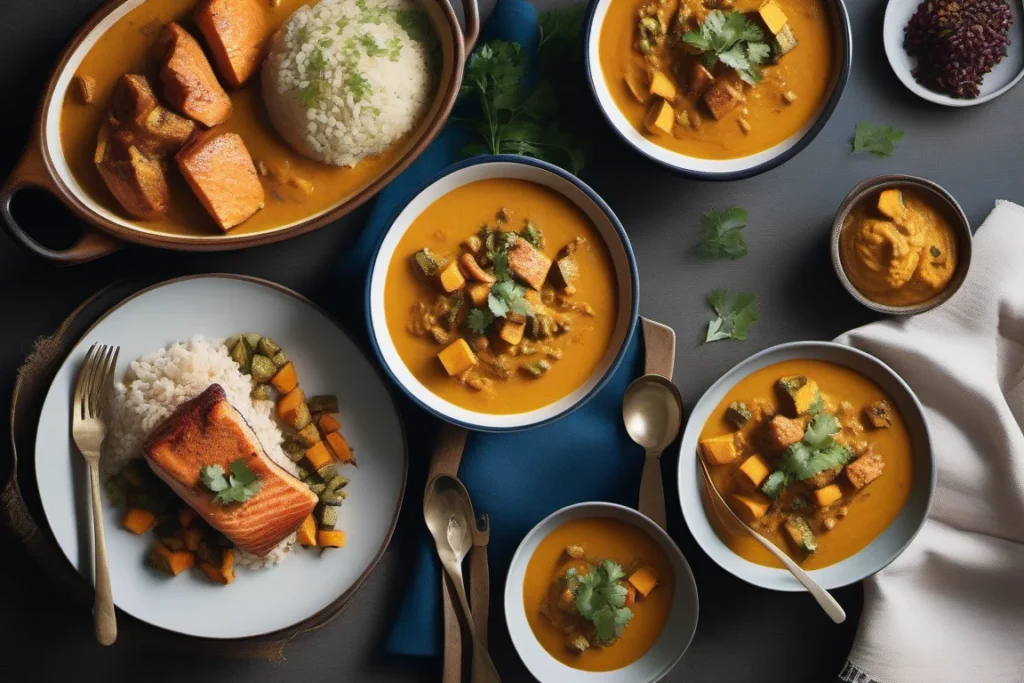 A family dinner table showcasing Vitamin A-rich recipes like sweet potato curry, baked salmon, and butternut squash soup for a balanced and healthy meal.