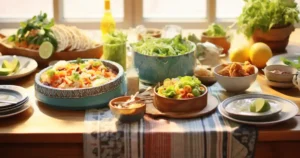 Dinner Recipes High in Vitamin A: 4 Easy & Delicious Meals 9 A beautifully arranged dinner table featuring Dinner recipes with high Vitamin A, including sweet potato curry, butternut squash pasta, and fresh vegetable dishes, with a jug of mint lemonade.