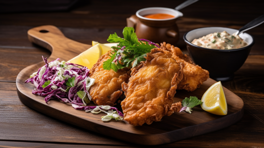 A plate of golden-brown fried fish served with fresh vegetables, lemon wedges, and dipping sauce, showcasing how long to fry fish in fryer for perfect results.



