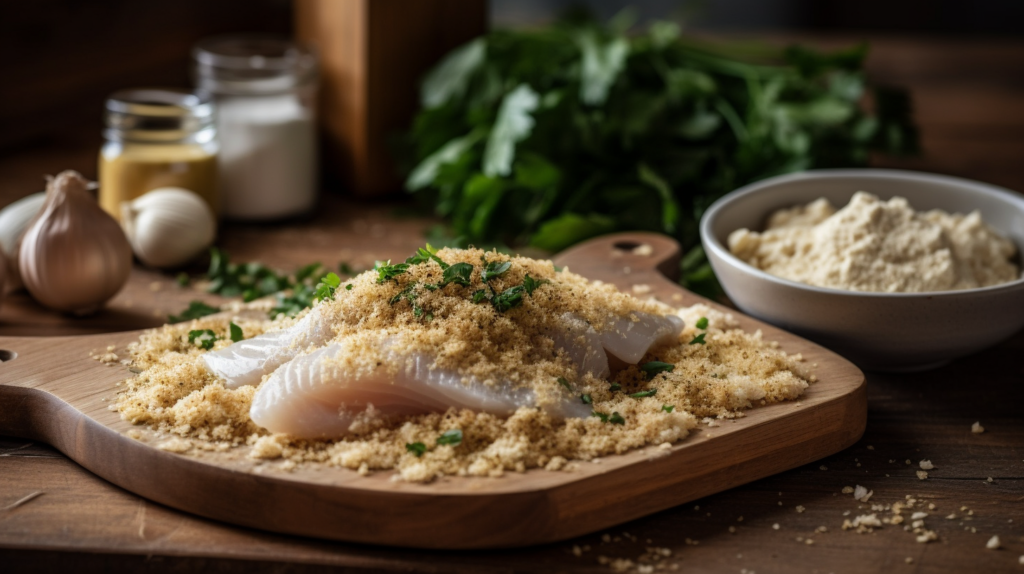 Fish fillets being coated with seasoned flour on a wooden cutting board, preparing them for frying and answering How long to fry fish in fryer for the best texture.


