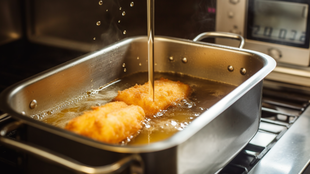 Fish fillets frying in hot oil in a deep fryer, demonstrating How long to fry fish in fryer to achieve a crispy, golden finish.

