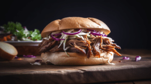A close-up of a pulled beef sandwich with shredded beef, coleslaw, and fresh pickles on a toasted bun.