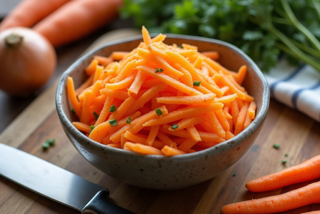 Frozen shredded carrots being thawed in a colander under running cold water in a bright kitchen sink.