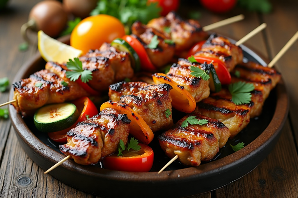 A platter of grilled chicken and beef skewers served with roasted vegetables and fresh herbs.