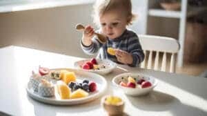 A cheerful toddler enjoying a colorful breakfast with mini pancakes, fruit, and a glass of milk.