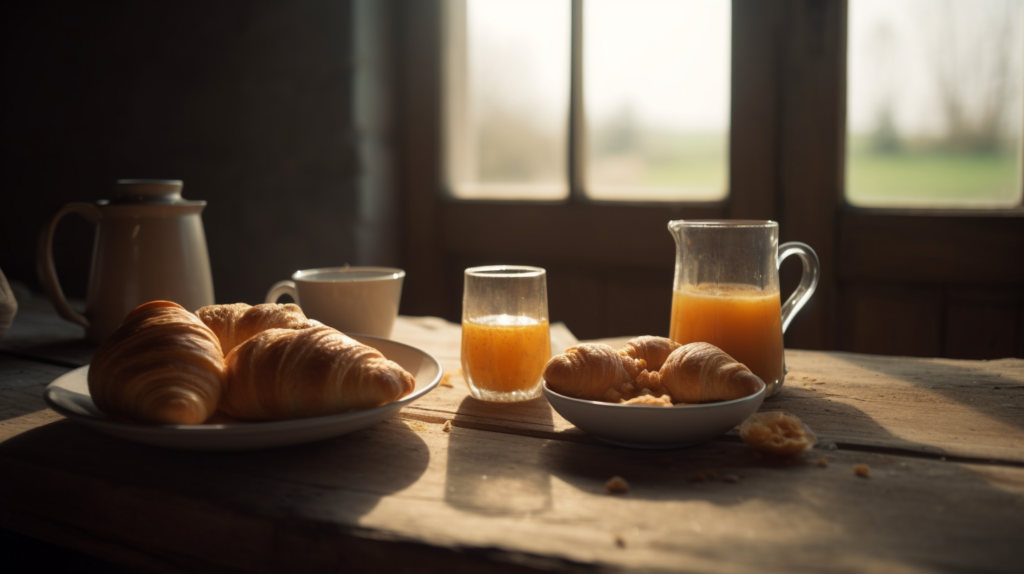 A traditional French breakfast table featuring croissants, coffee, and orange juice, showcasing the simplicity and charm of French breakfast foods.