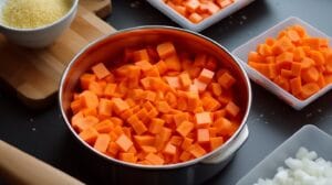 Delicious Diced Frozen Carrots Recipes for Dinner 1 A pot filled with diced carrots surrounded by additional containers of chopped vegetables and grains on a kitchen countertop.