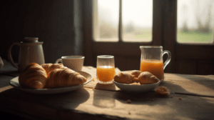 A serene morning scene of traditional French Breakfast Foods on a rustic wooden table, featuring golden croissants, fresh orange juice in a glass and pitcher, ceramic cups, and a teapot with natural sunlight streaming through windows in the background.