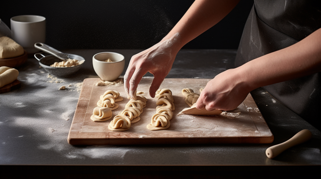 A sequence showing croissants being shaped, brushed with egg wash, and placed on a baking tray.