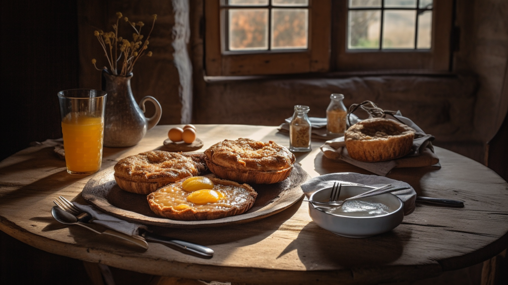 A breakfast spread from Brittany with buckwheat galettes, kouign-amann, and a glass of cider on a rustic table.