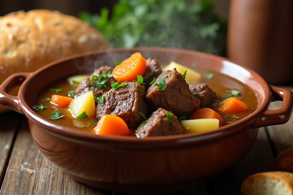 A steaming bowl of lamb stew with tender chunks of meat, carrots, and potatoes, garnished with fresh parsley.