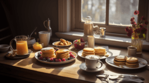 A variety of Sweet Breakfast Ideas , including pancakes, parfaits, and muffins, beautifully arranged on a table.