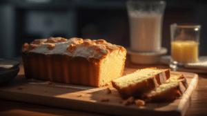 A freshly baked loaf of cake, sliced and placed on a wooden board, showcasing a fluffy texture as part of the "Does Milk Instead of Water Make Cake Moist" experiment. The cake is accompanied by a glass of milk and a glass of orange juice, set on a rustic table with soft natural light highlighting the scene