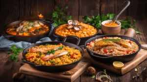 Fish and Rice: Global Traditions & Recipes 1 Delicious fish and rice dishes served in black skillets, featuring grilled fish, shrimp, and spiced rice with fresh herbs and vegetables.