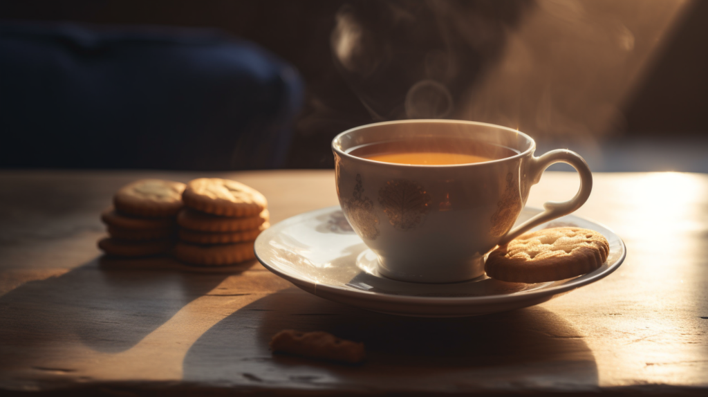 A steaming cup of black tea on a rustic wooden table with a plate of biscuits in the background.