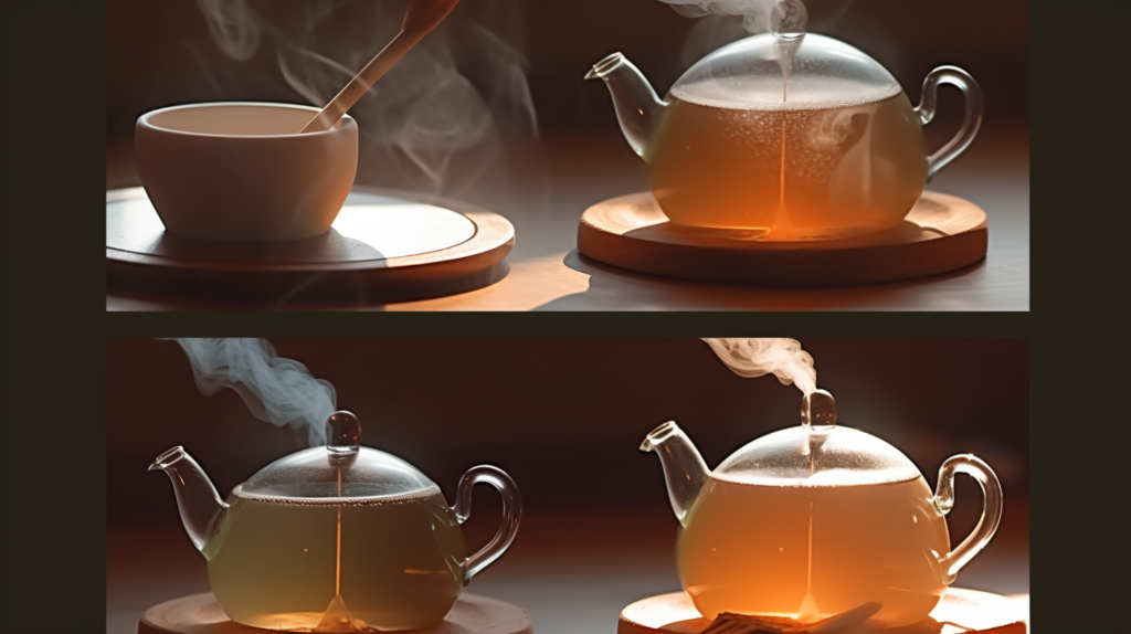 A step-by-step guide showing boiling water, adding tea leaves to a teapot, steeping tea, and serving it into a cup.