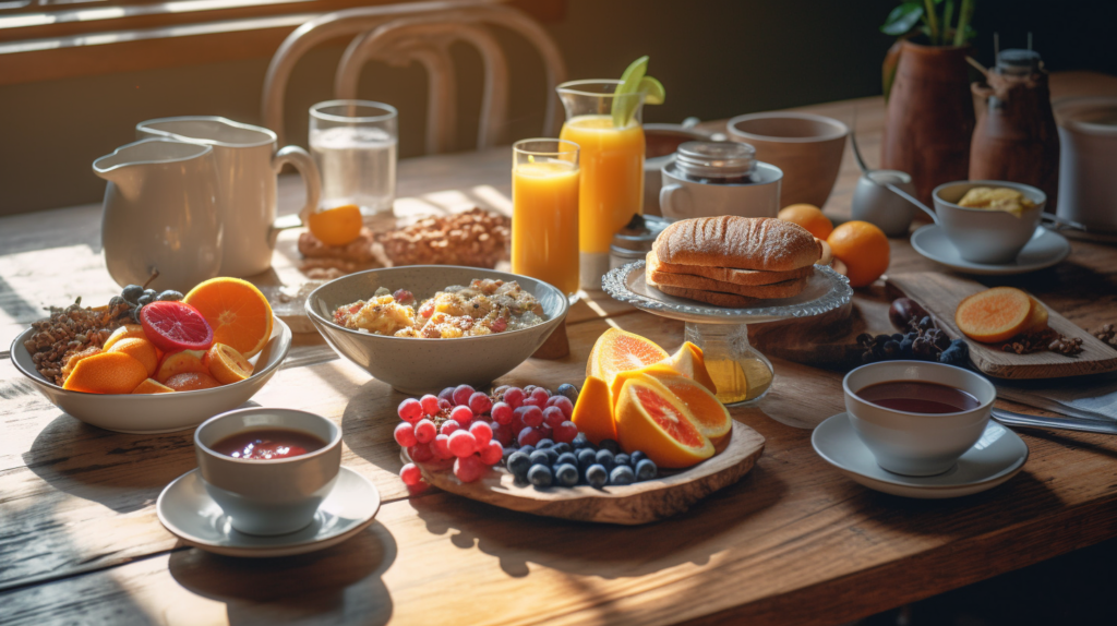 Healthy breakfast spread with fruits, yogurt, and toast.