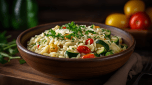 A rustic brown bowl filled with a "Is Pastina Healthy" dish, featuring pastina mixed with zucchini, cherry tomatoes, and fresh parsley, garnished with grated cheese. The dish is set on a wooden surface with fresh vegetables like tomatoes and lemons in the background