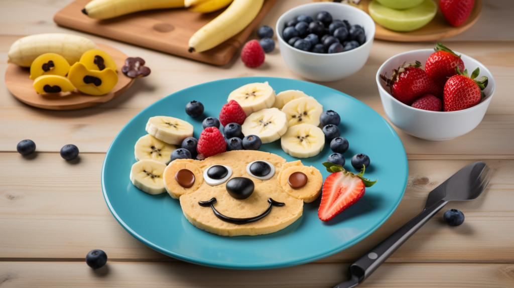 Pancakes shaped like animals with fruit decorations.