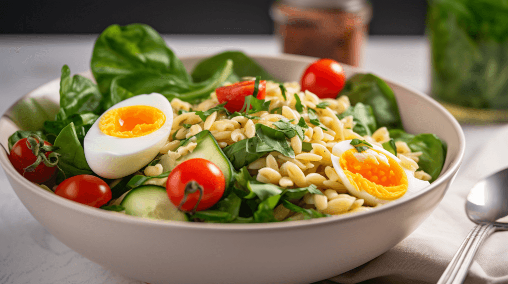 Is Pastina Healthy for You? Nutritional Benefits and Lunch Ideas 3 A bowl of pastina mixed with sautéed spinach, zucchini, and cherry tomatoes, topped with a boiled egg and parsley.
