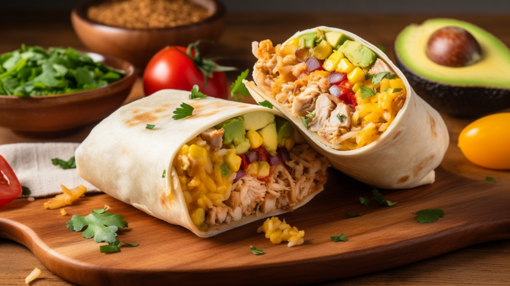 Freshly prepared chicken and egg breakfast burrito with vegetables and cheese.