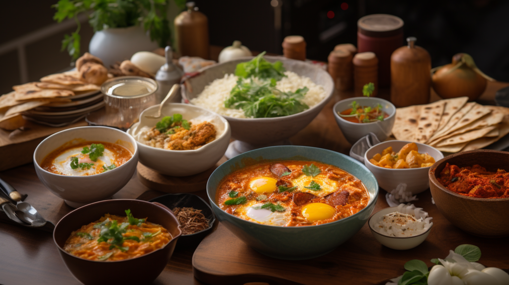 A diverse spread of global chicken breakfast dishes, including congee, shakshuka, and chicken curry.