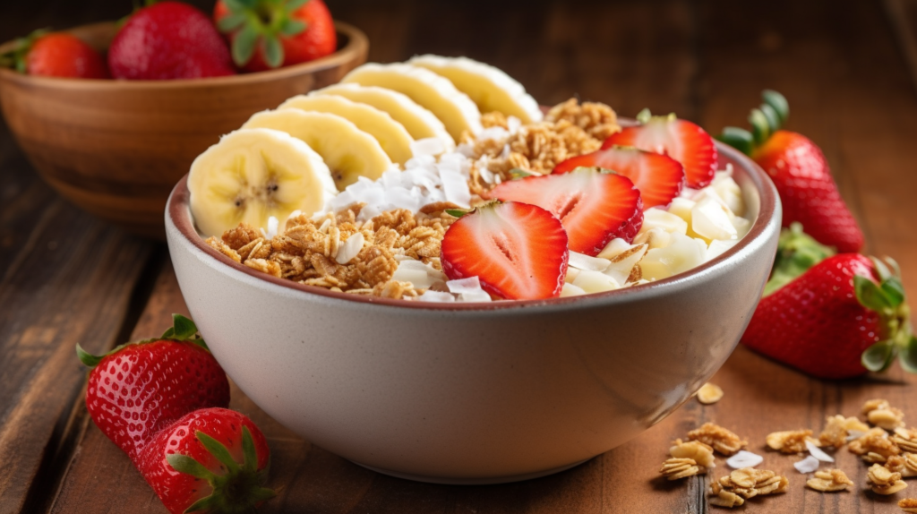 A vibrant smoothie bowl topped with fruits and granola - easy breakfast ideas for 13-year-olds.