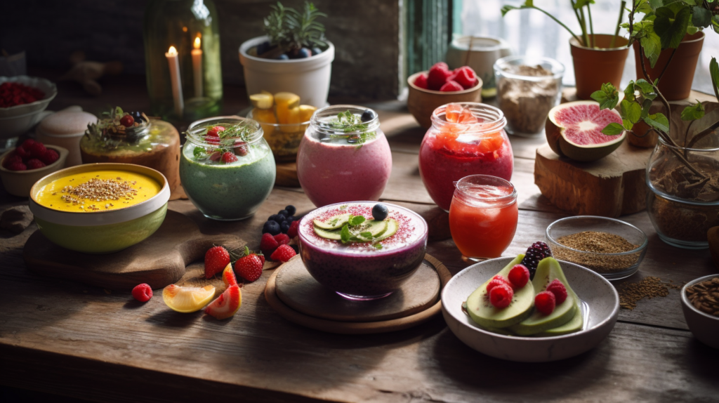 A colorful spread of plant-based whole food breakfast options, including smoothie bowls, avocado toast, and chia pudding.