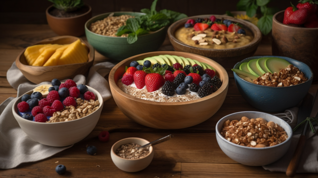 A plant-based whole food breakfast featuring a smoothie bowl, grain bowl, and overnight oats.