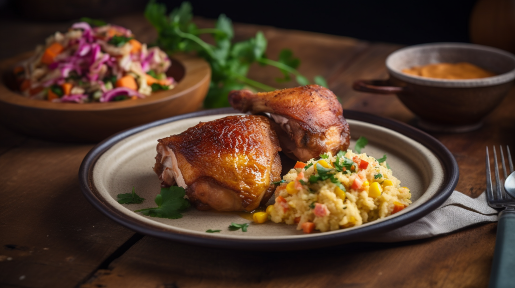 Smoked chicken thighs with coleslaw and cornbread