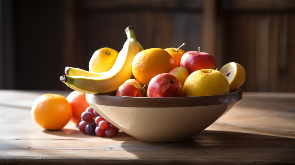 A colorful bowl of fresh fruits to eat for lunch.