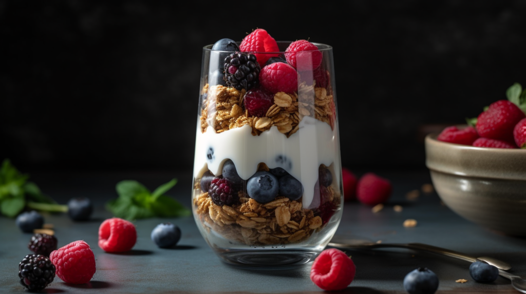 A parfait of fruits to eat for lunch with yogurt and granola.