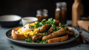 Golden-brown breakfast sausages with scrambled eggs and toast on a white plate.
