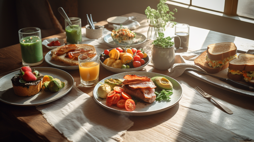 A vibrant breakfast spread featuring healthy breakfast meats like turkey bacon, chicken sausage, and smoked salmon, served with vegetables and whole-grain toast.