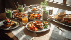 A rustic wooden table featuring a variety of dishes with "healthy breakfast meats," including bacon and sausage on plates with eggs, tomatoes, and avocado, alongside a chocolate tart topped with strawberries, a fruit salad, and glasses of green smoothie and orange juice. The scene is enhanced with fresh herbs and soft natural light
