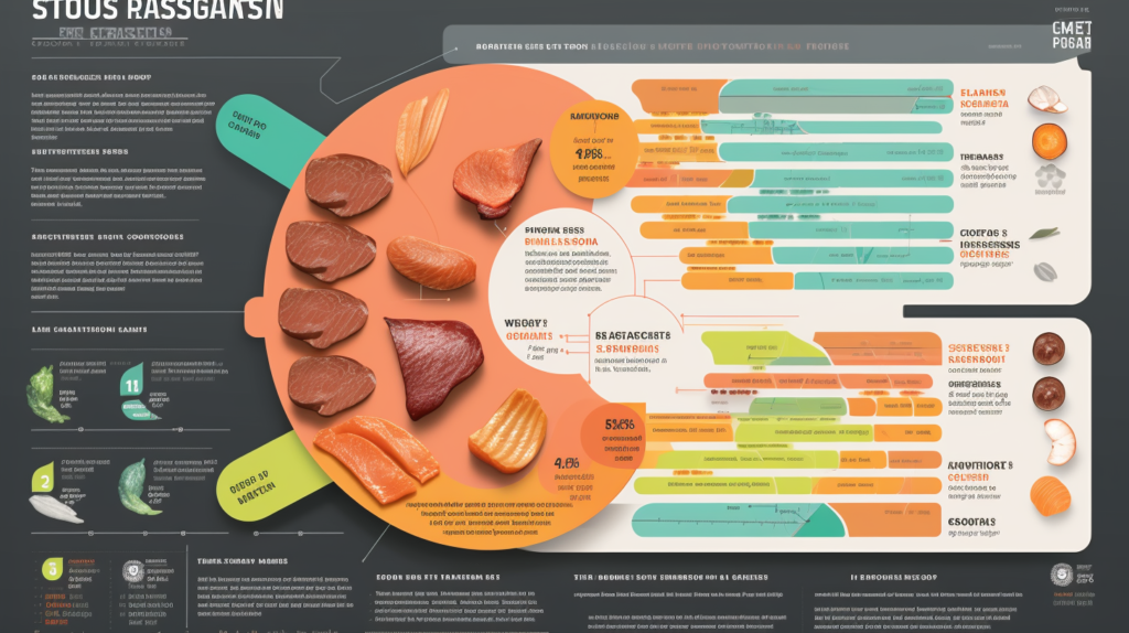 Infographic comparing turkey bacon, chicken sausage, smoked salmon, and plant-based sausages based on protein content, fat, sodium, and calories