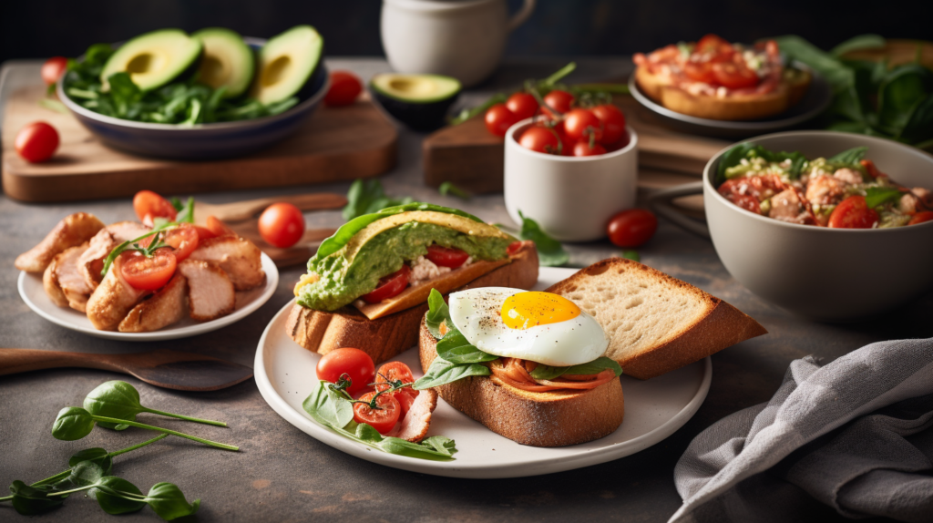 Turkey bacon and avocado toast, chicken sausage egg bowl, and smoked salmon on whole-grain toast served on colorful plates.