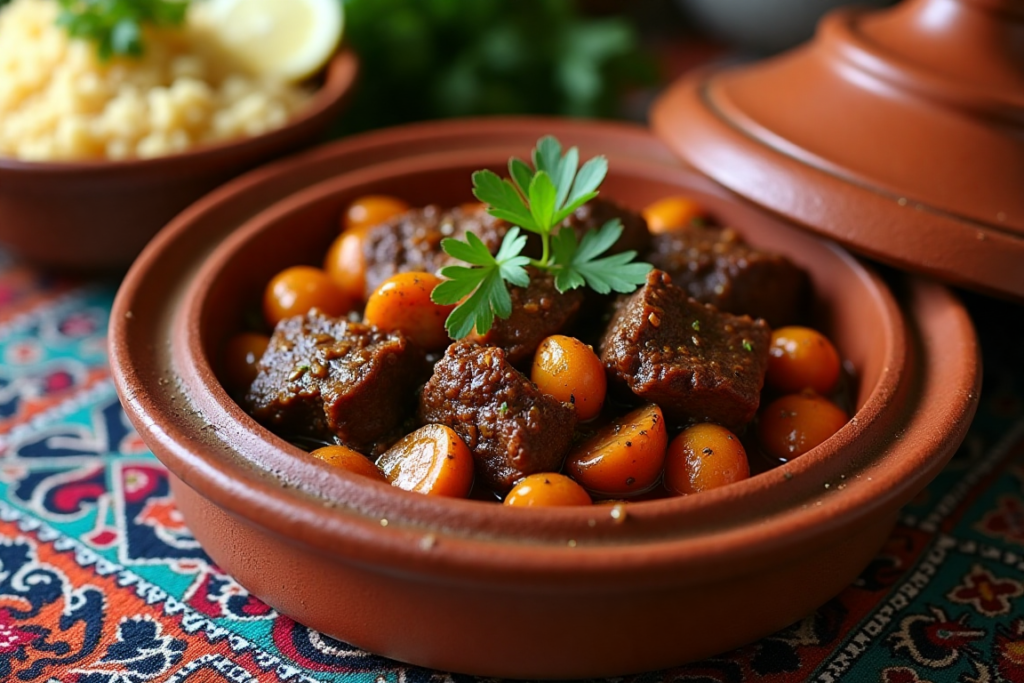 A Moroccan tagine dish featuring tender lamb, dried fruits, almonds, and fluffy couscous, served in a traditional clay tagine pot.