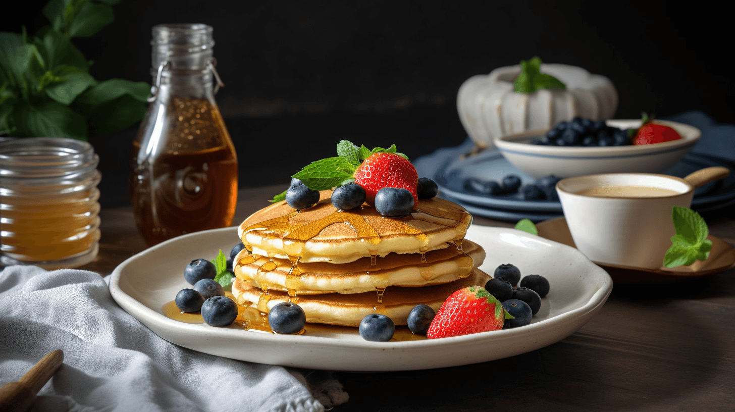 Golden silver dollar pancakes stacked neatly with syrup and berries on a white plate.