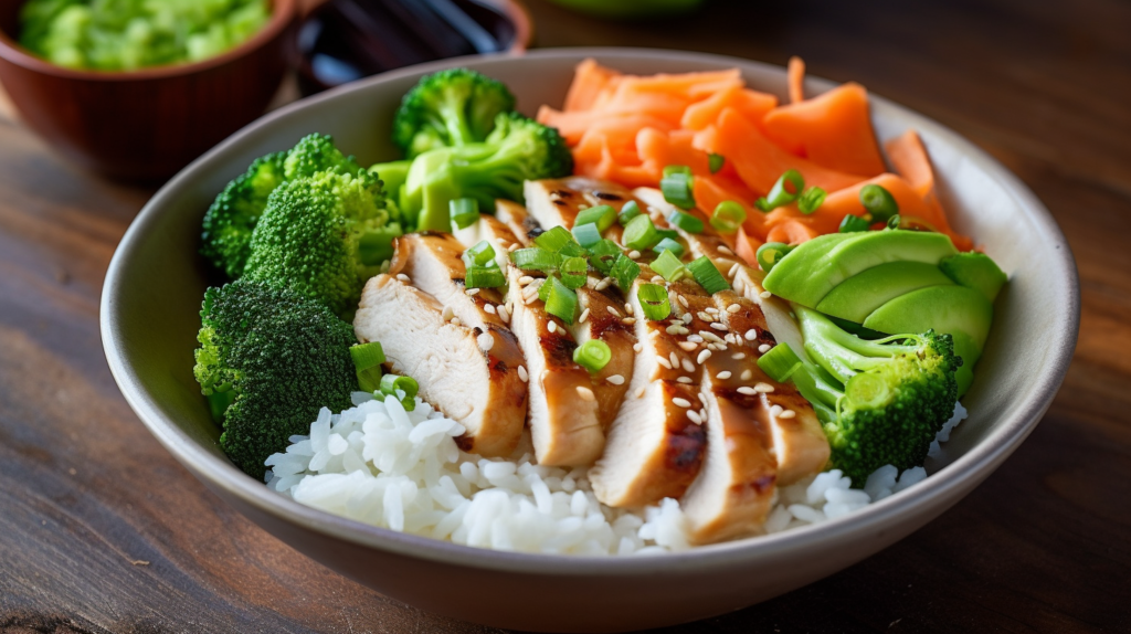 A vibrant and healthy chicken rice bowl with fresh vegetables and a tangy sauce drizzle.