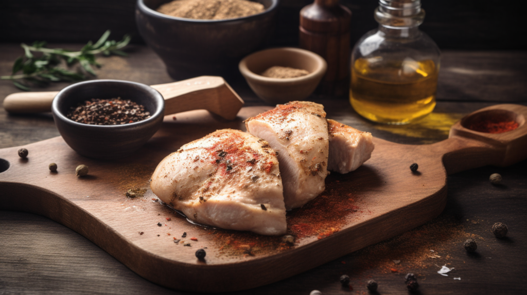 Marinated chicken breasts on a wooden cutting board with seasoning bowls around.