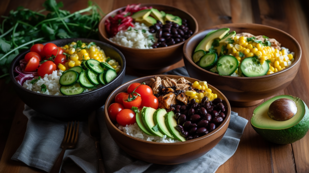 A trio of chicken rice bowls with global themes—Mexican, Asian, and Mediterranean variations.