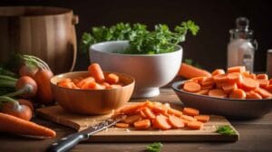 Do you thaw frozen carrots before cooking? This image features a bowl of frozen carrots on a kitchen counter, surrounded by fresh carrots, fragrant herbs, and a steaming pot, illustrating the preparation process.