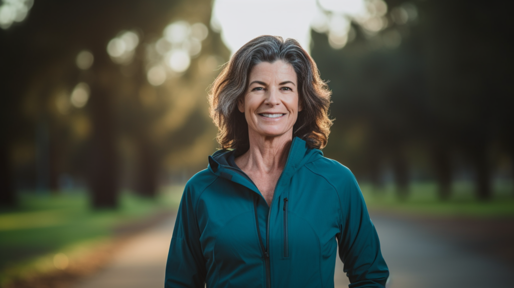 Woman in her 40s walking outdoors in a park, wearing activewear and smiling