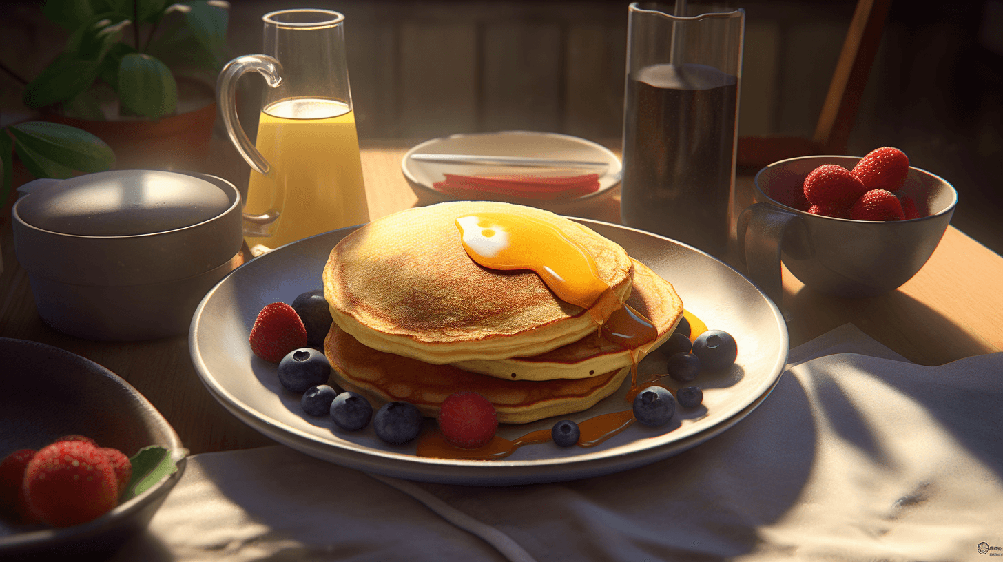 A plate of fluffy pancakes topped with fresh berries, a sunny-side-up egg, orange slices, and a glass of juice.